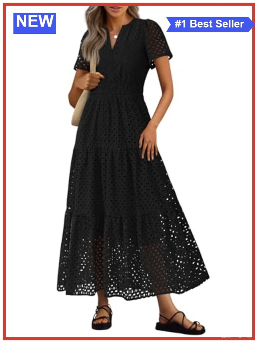 Eyelet Maxi Dress V Neck Short Sleeve A Line Ruffle Swing Summer Beach